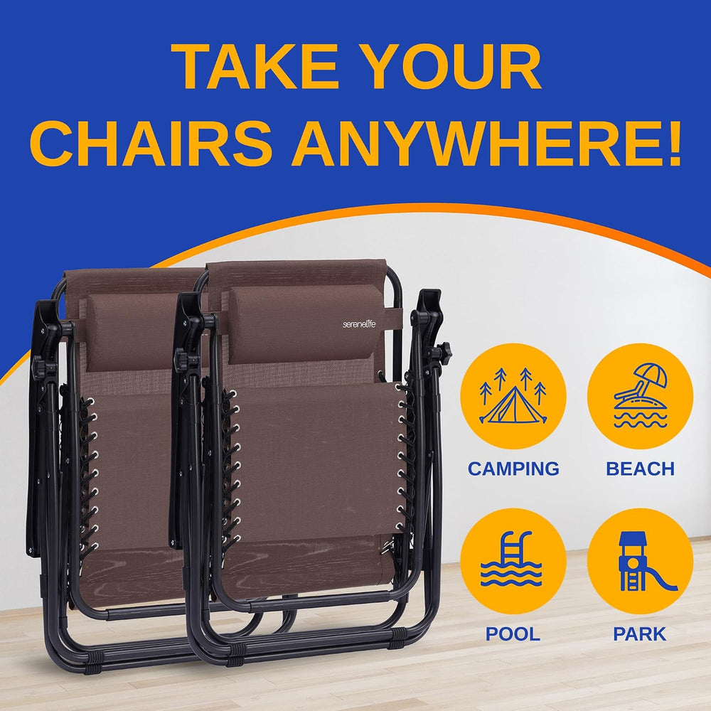SereneLife 2 Pack Zero Gravity Recliner Chairs with Table, Brown