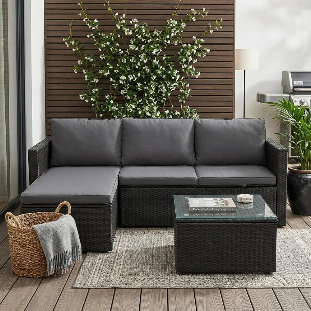 JAMFLY 4-Piece PE Wicker Patio Set with 43" Propane Fire Pit Table, Grey