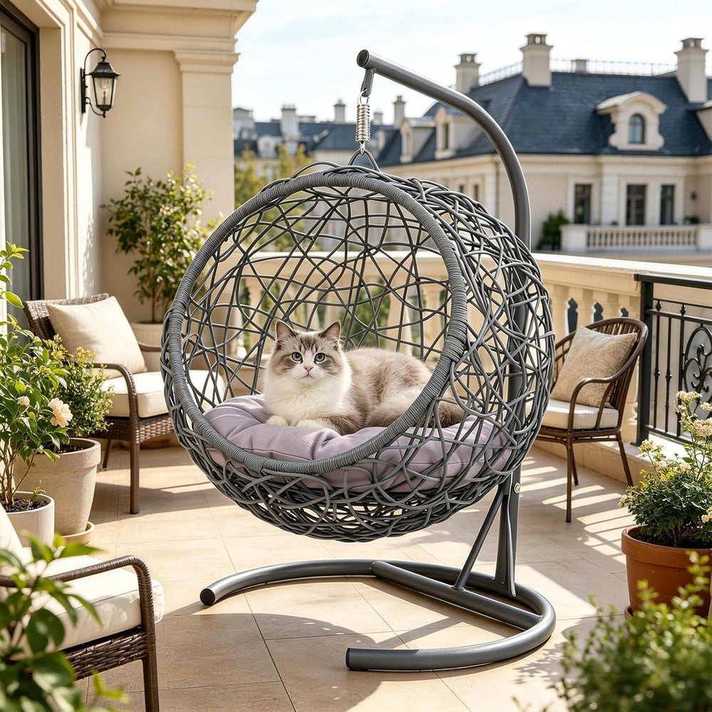 Hanging Cat Swing Bed with Stand, Rattan Egg Chair for Cats