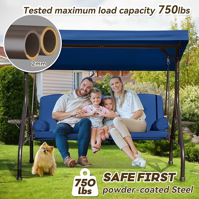 3 in 1 Outdoor Porch Swing with Adjustable Canopy, 3 Seat Outdoor Swing for A...