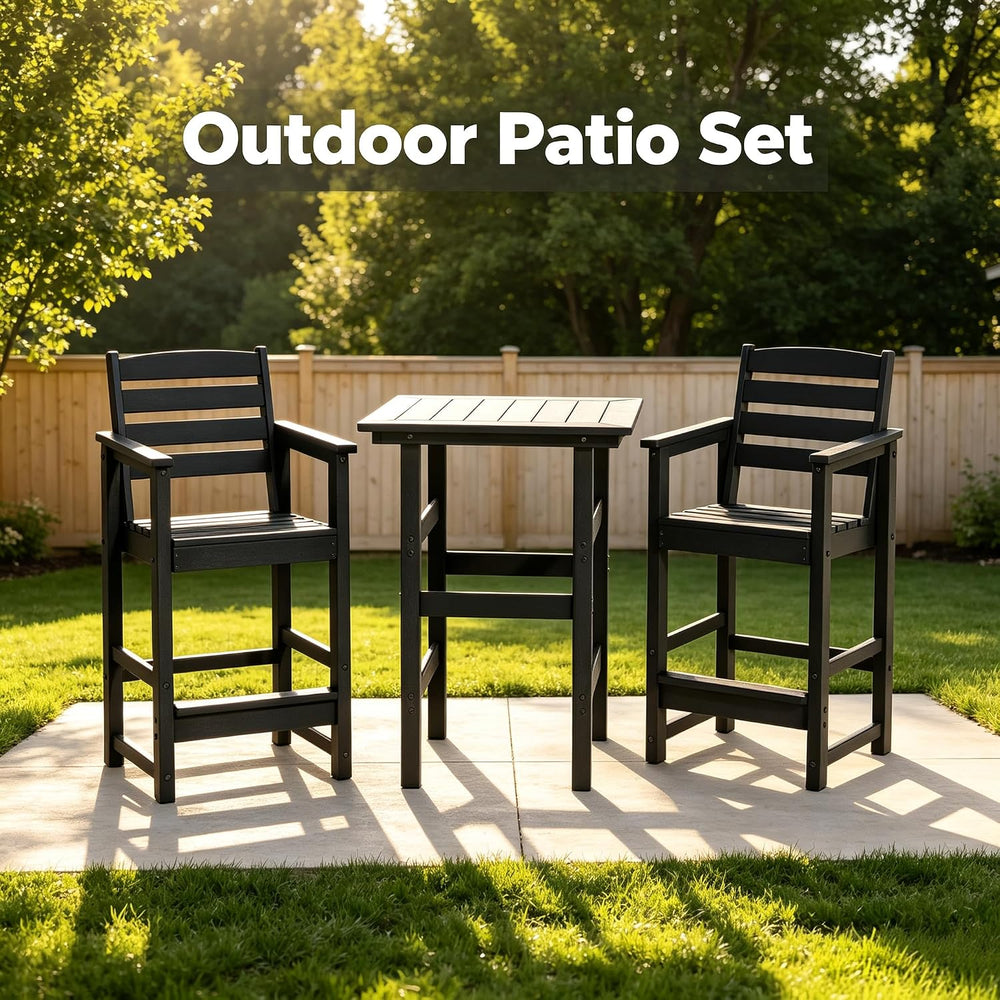 3-Piece Outdoor Bistro Bar Set, HDPE Bar Height Table & Chairs, Black