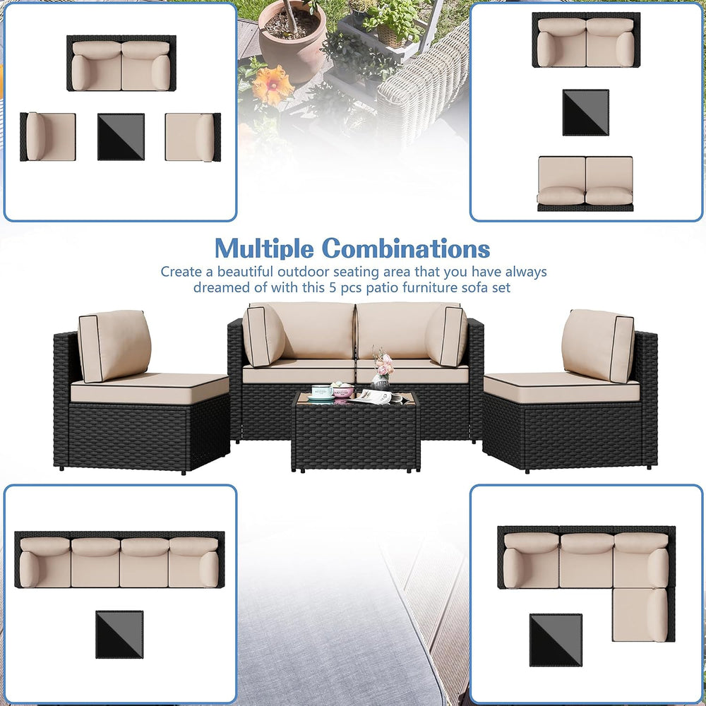 Shintenchi 5 Piece Outdoor Patio Furniture Set with Black PE Rattan, Khaki