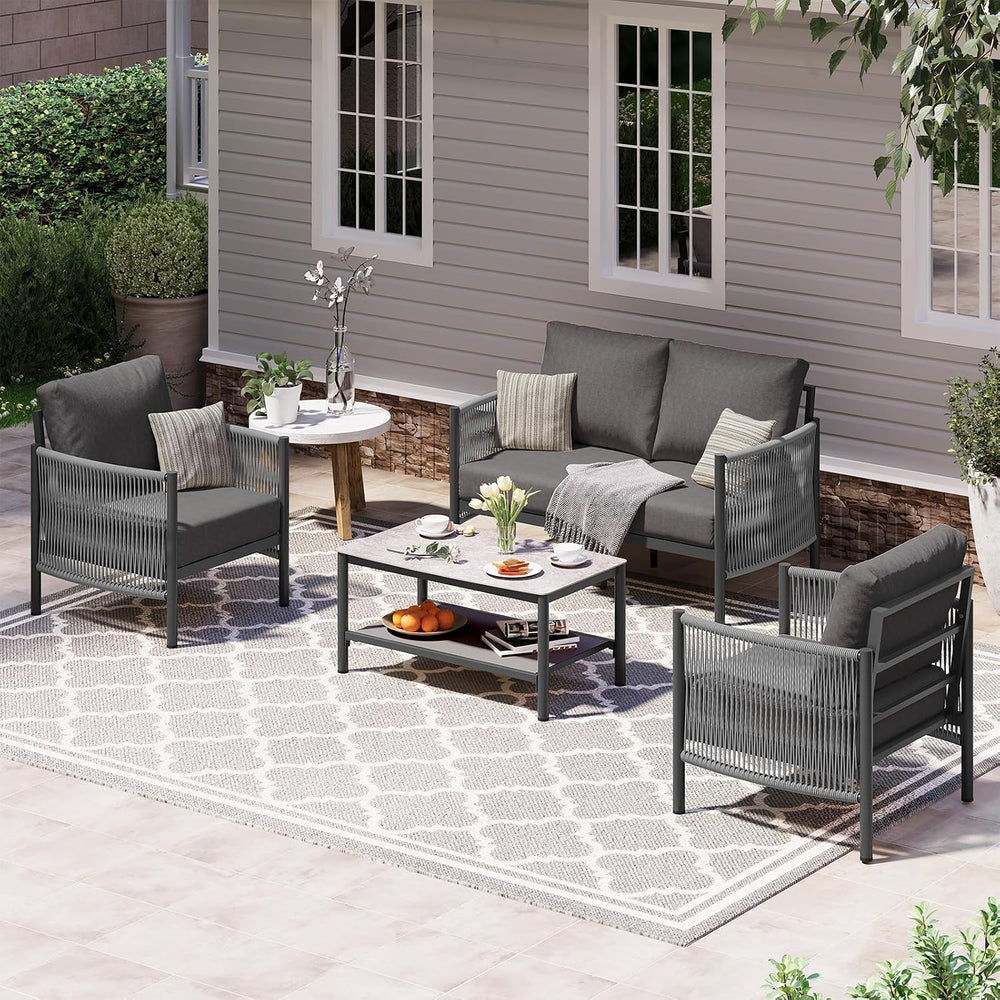 Aluminum Outdoor Patio Furniture Set with Dual-Layer Coffee Table, 4 Piece Mo...