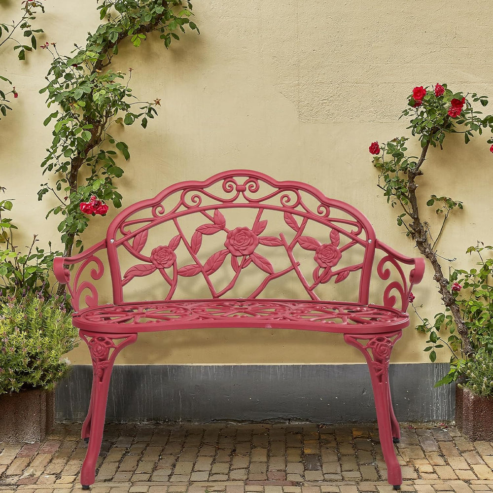VINGLI 38.5" Patio Park Garden Outdoor Metal Rose Bench, 2-Person Cast I...