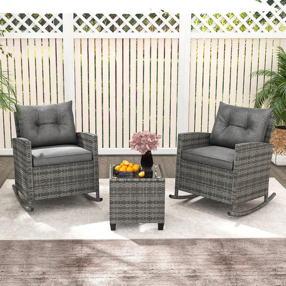 Tangkula 3 Piece Wicker Outdoor Rocking Chairs Set (Grey)