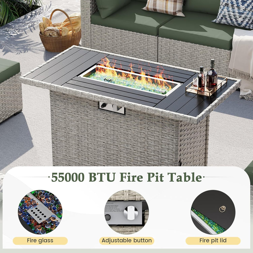 Outdoor Patio Furniture Set with Fire Pit 8 Pcs Wicker Sectional Sofa Green