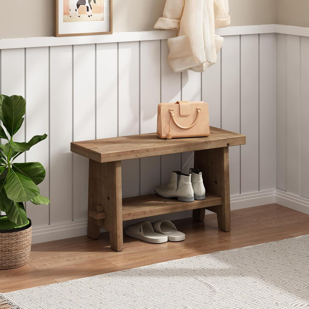 HOKYHOKY Wood Entryway Bench - 31.5" Farmhouse Small Storage Bench, Indoor