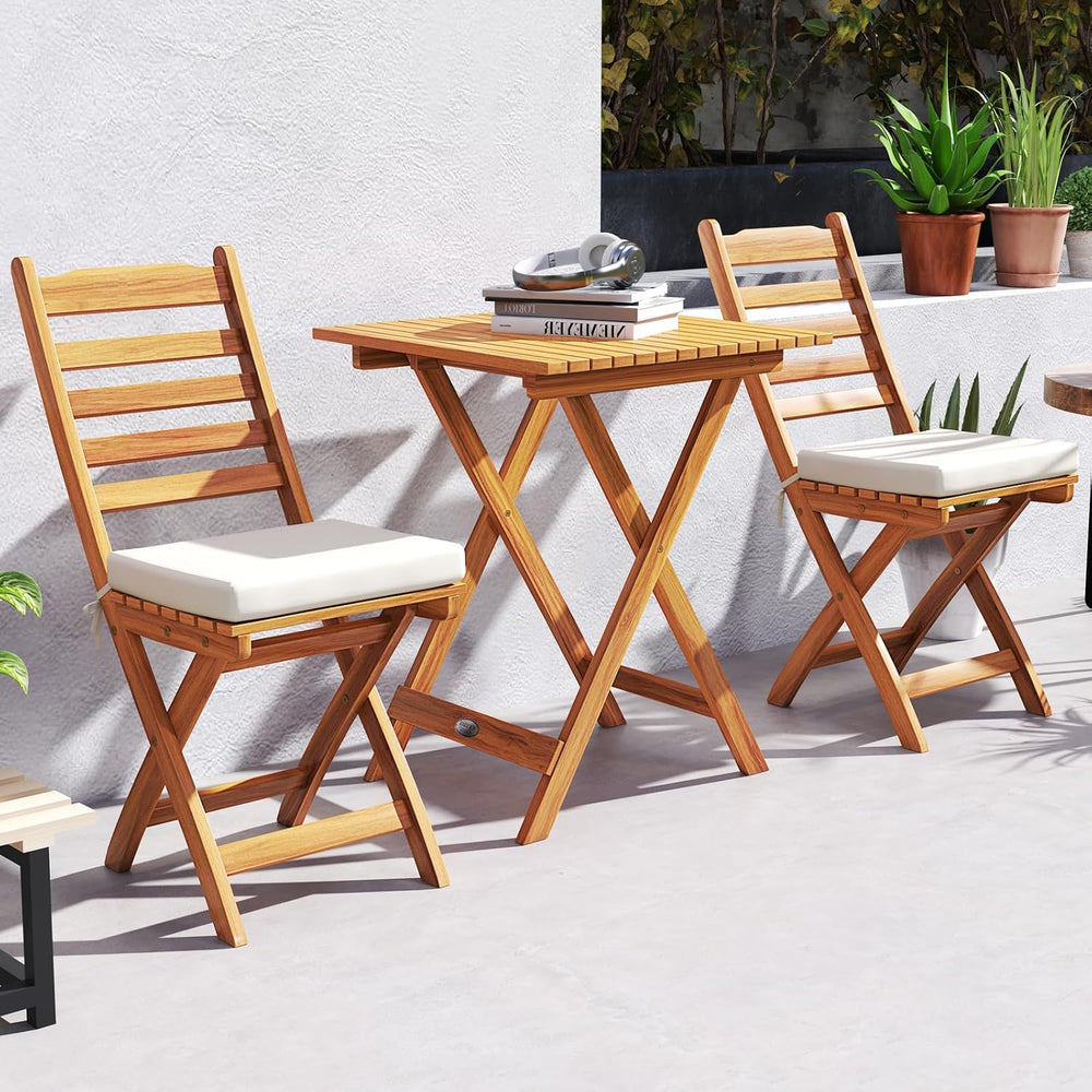 Tangkula Outdoor Wood Bistro Set, Folding Chair Table Set w/Soft Seat Cushion...