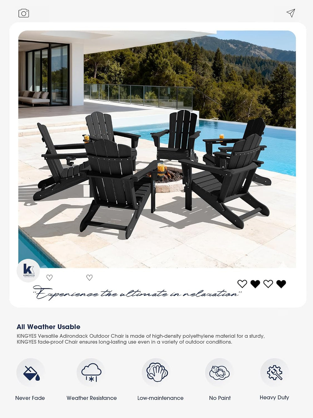 KINGYES Folding Adirondack Chair Set of 2 with Cup Holder, Black