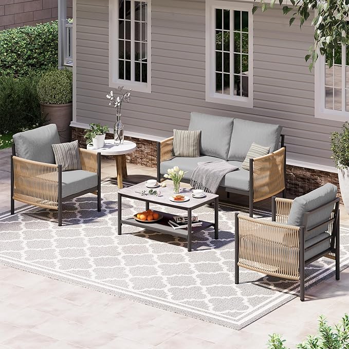 Aluminum Outdoor Patio Furniture Set with Dual-Layer Coffee Table, 4 Piece Mo...