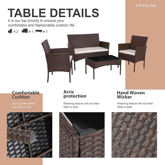 Shintenchi 4 Piece Outdoor Patio Furniture Set, Wicker Rattan Patio Conversat...