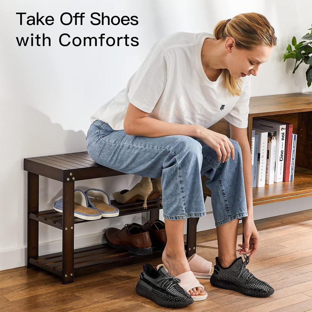 Pipishell 3 Tier Bamboo Shoe Rack Bench for Entryway, Brown
