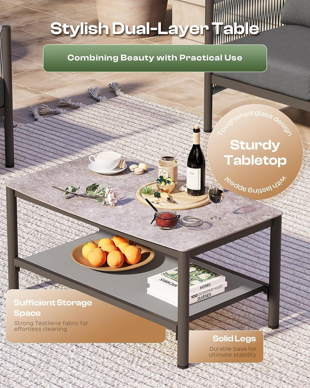 Aluminum Outdoor Patio Furniture Set with Dual-Layer Coffee Table, 4 Piece Mo...