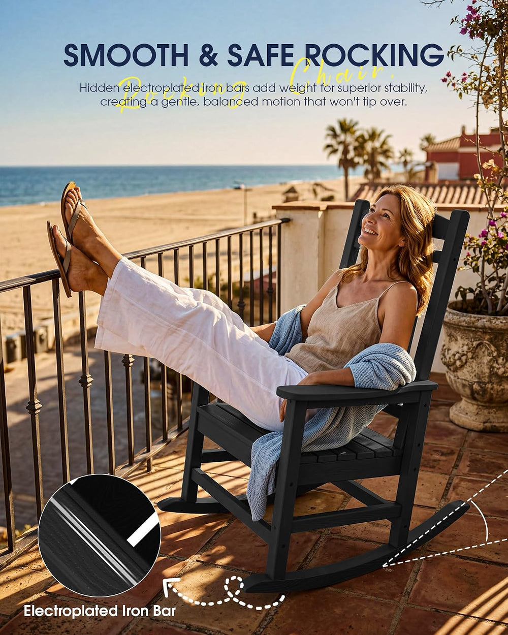 KINGYES Oversized Outdoor Rocking Chair for Adults, Porch Rockers, Black