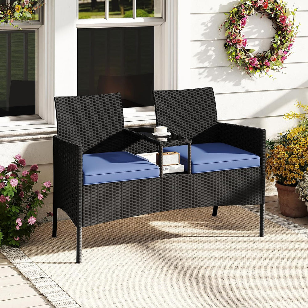 Tangkula Patio Loveseat with Built-in Table, Wicker 2-Seat Furniture with Sof...