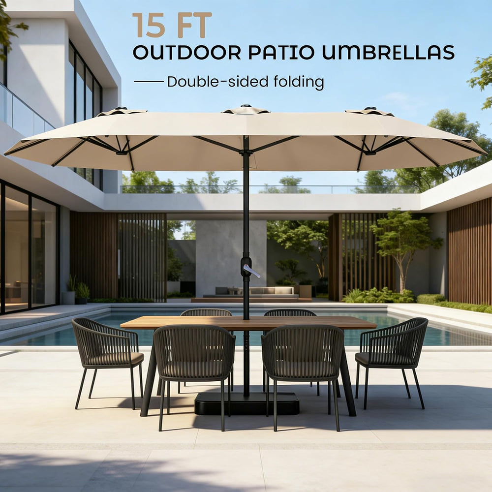 15ft Patio Umbrella with Base,Large Double-Sided Rectangular Umbrella,Beige