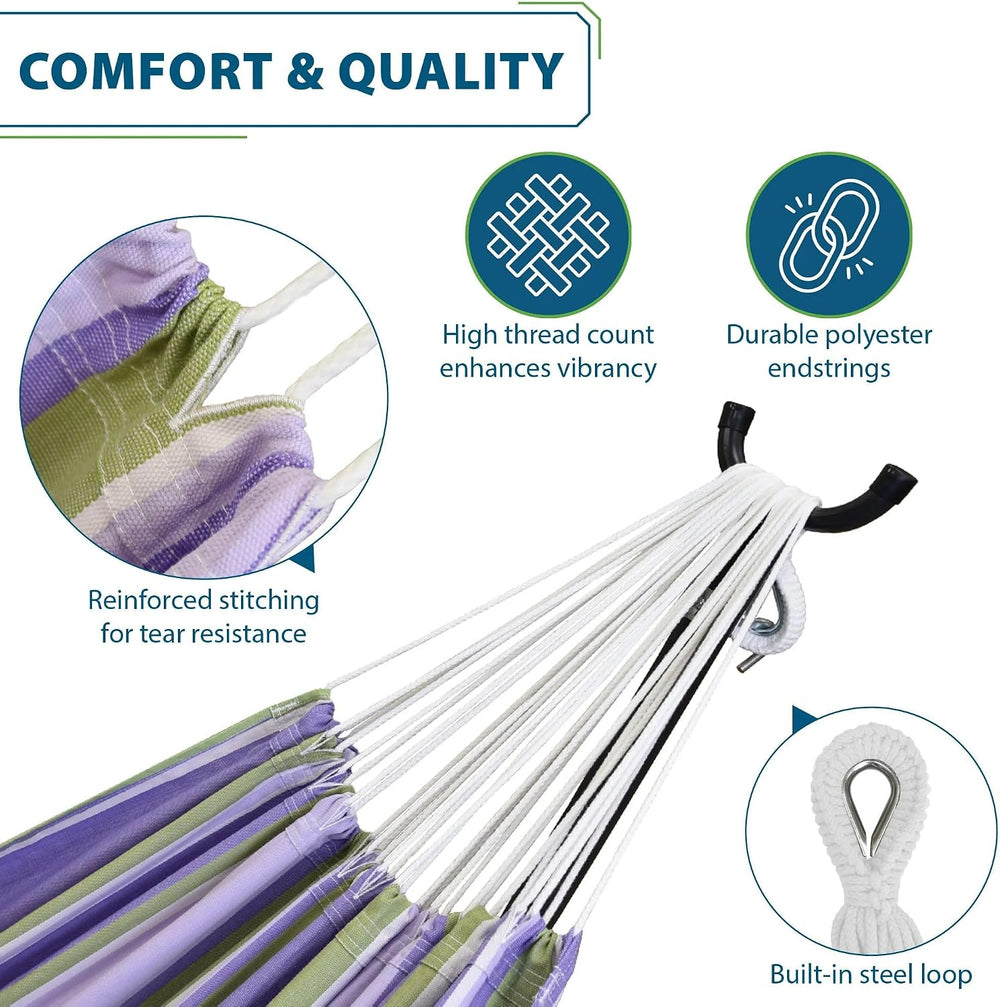Vivere Double Cotton Hammock with Space Saving Steel Stand, Upgraded Polyeste...