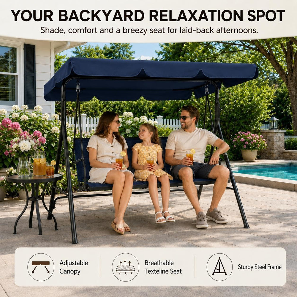 Yaheetech 3-Seat Patio Swing Chair w/Texteline Fabric Ez Setup, Blue
