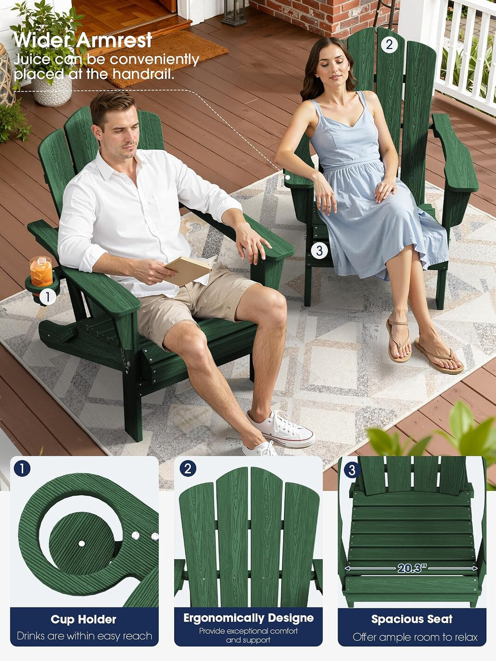KINGYES Folding Adirondack Chair Set of 2 with Cup Holder, Green