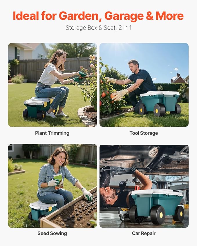 VEVOR Garden Scooter with Seat, 2 in 1 Rolling Garden Cart with Storage Bin, ...