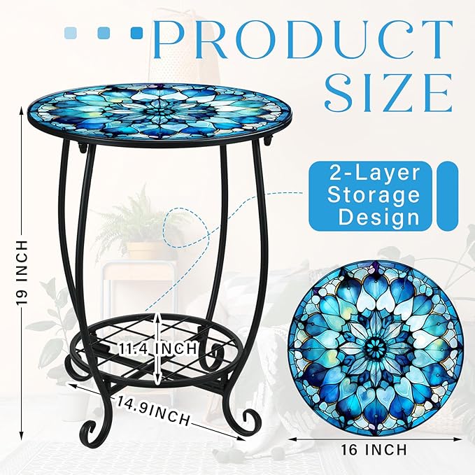 Outdoor Side Table Round Small Mosaic Patio Accent Indoor End Plant Coffee Te...