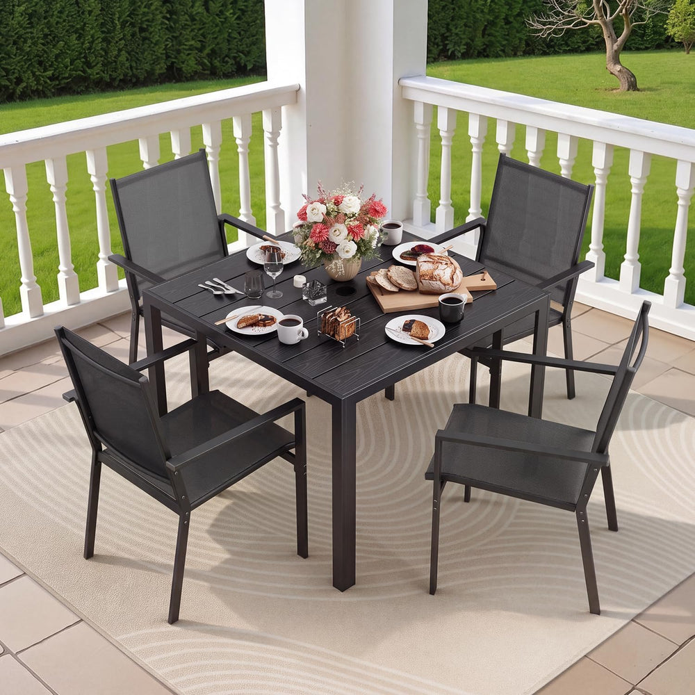 Outdoor Dining Set for 4 with Umbrella Hole, Black