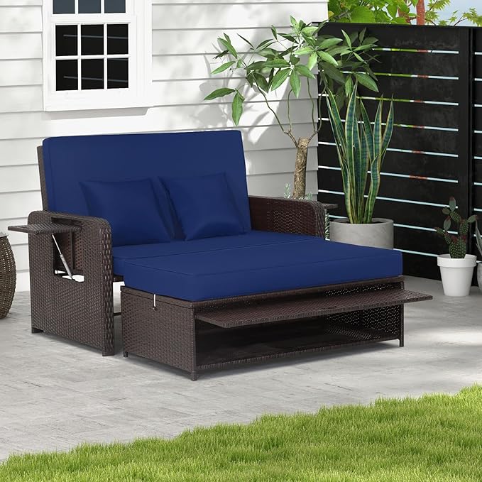 LDAILY Moccha Outdoor Daybed, Wicker Loveseat Sofa Set with 4-Postion Adjusta...