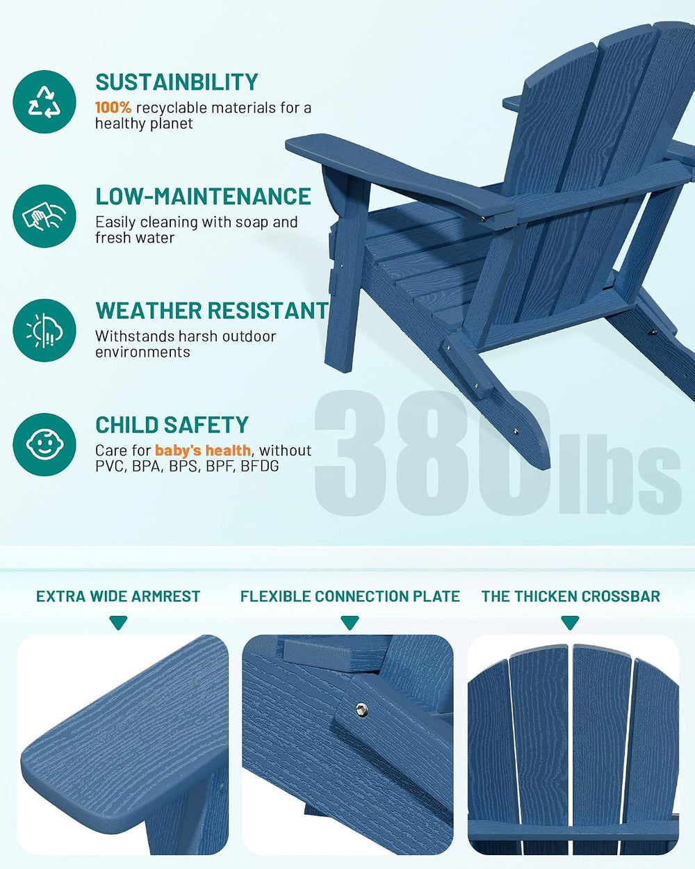PLUUV Adirondack Chair Set of 6, Fire Pit Chairs with Cup Holder, Navy