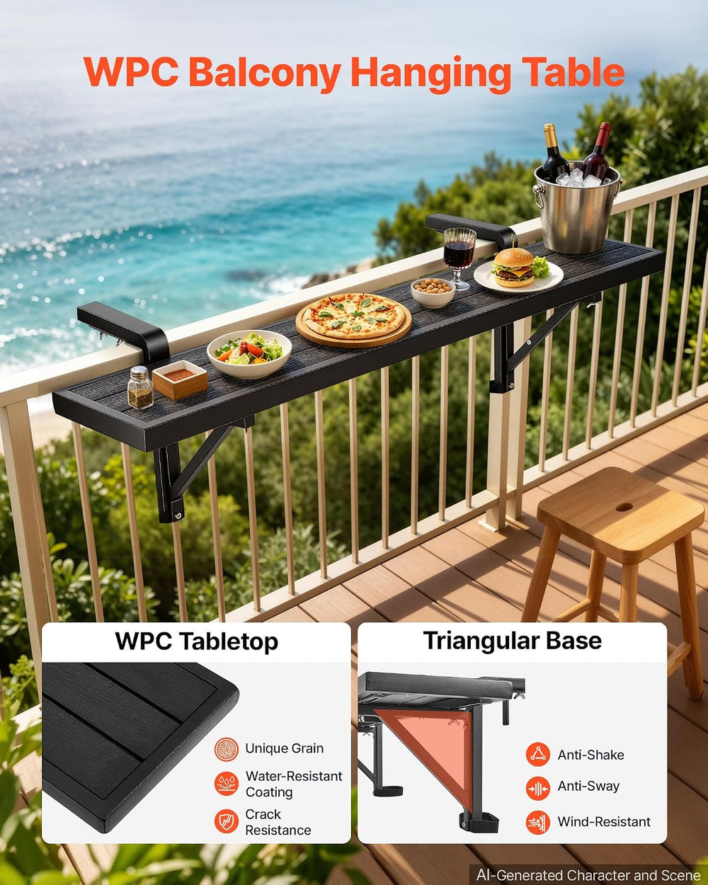 VEVOR Balcony Hanging Table 49" x 9.4" 60 lbs Balcony Railing Bar T...