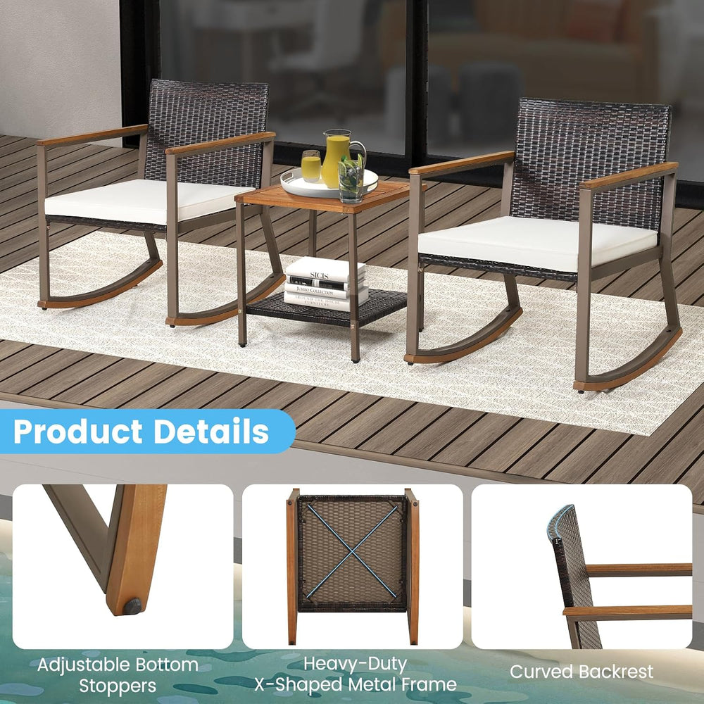 HAPPYGRILL 3 Piece Rocking Bistro Set, Outdoor PE Wicker Rocking Chair with C...
