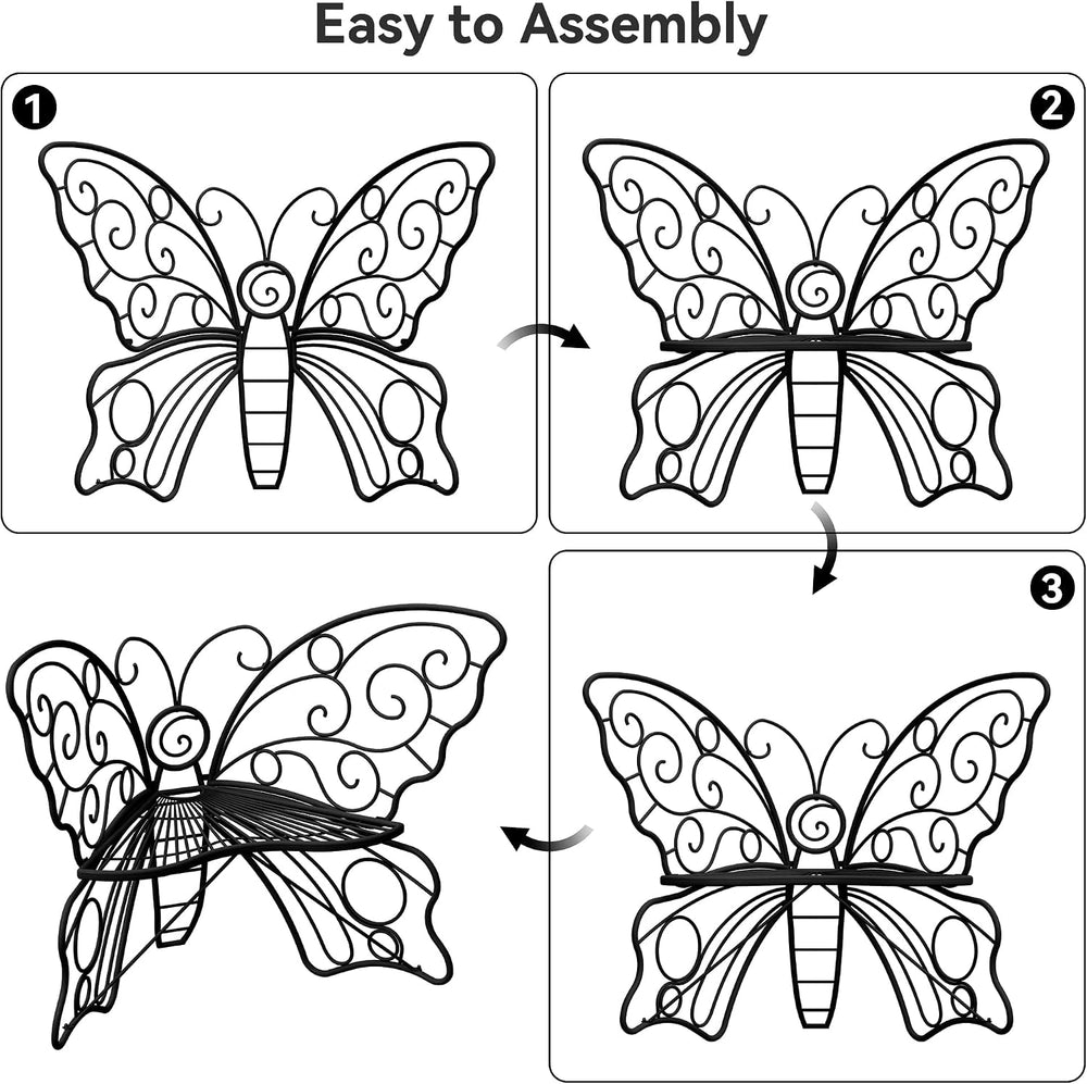 36 Inch Small Butterfly Bench, Cute Metal Outdoor Benches, Black
