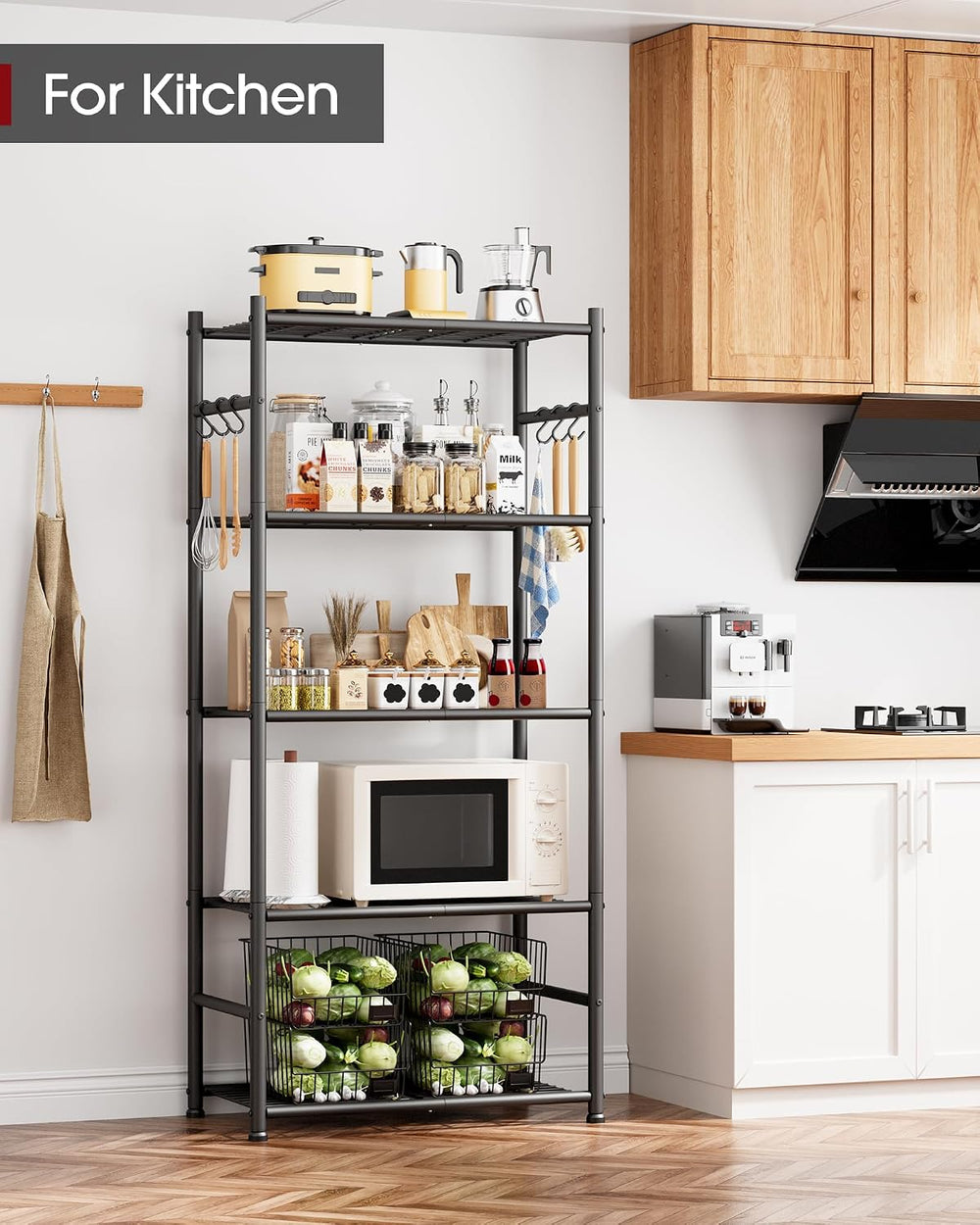 5-Tier Storage Shelves with Hooks, 23.6" x 13.7" x 59", Black