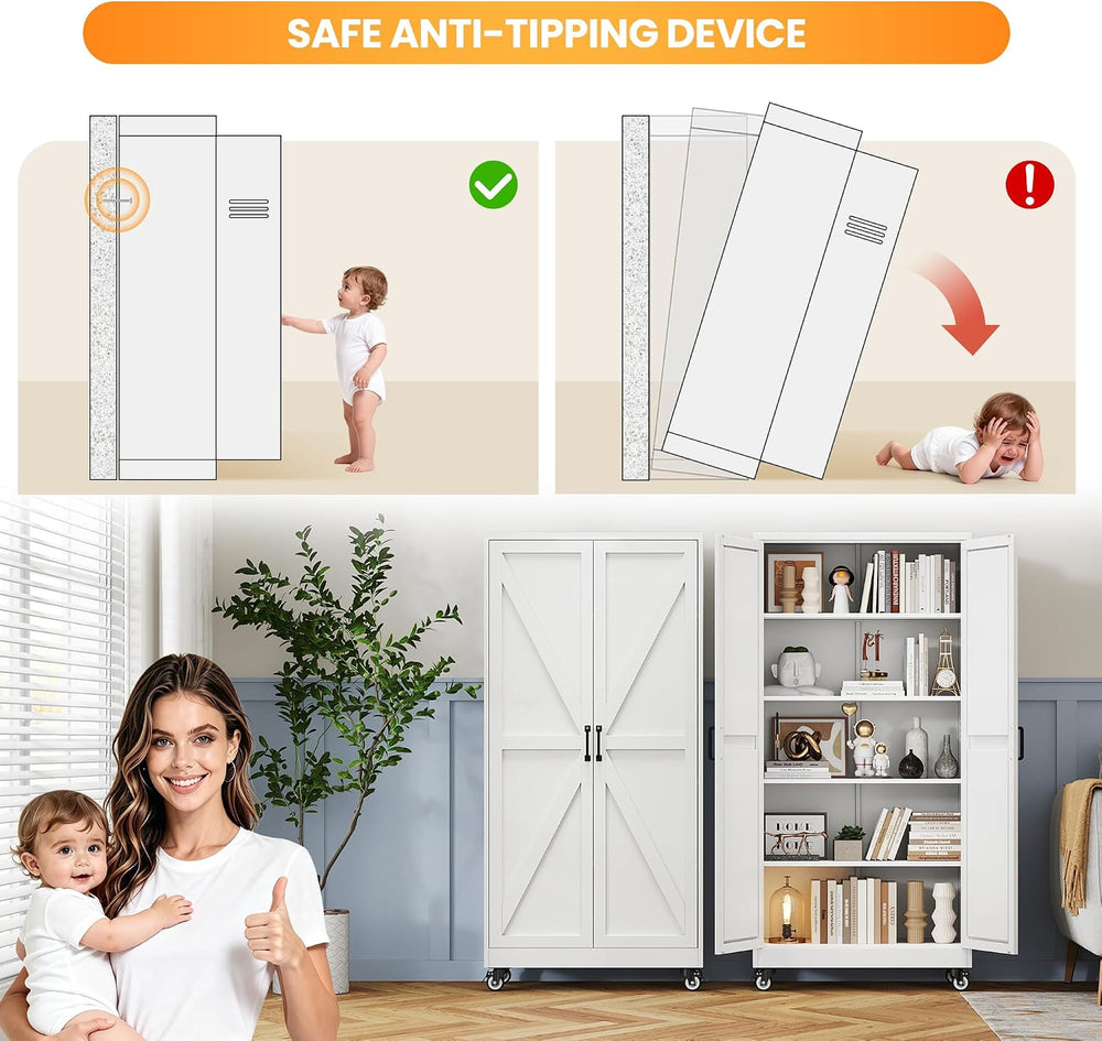 72" Tall Wheeled Garage Storage Cabinet, Rolling White Tool Cabinets.