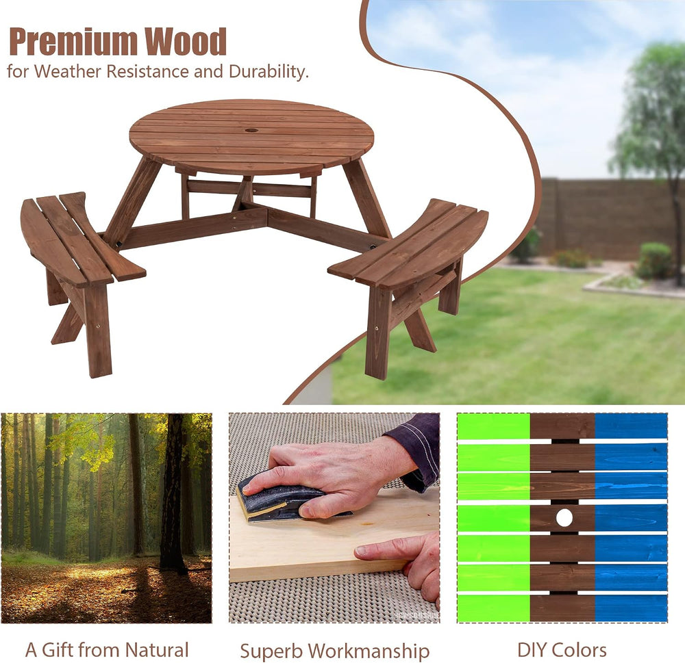 6 Person Wood Picnic Table, Outdoor Round Picnic Table with 3 Built-in Benche...