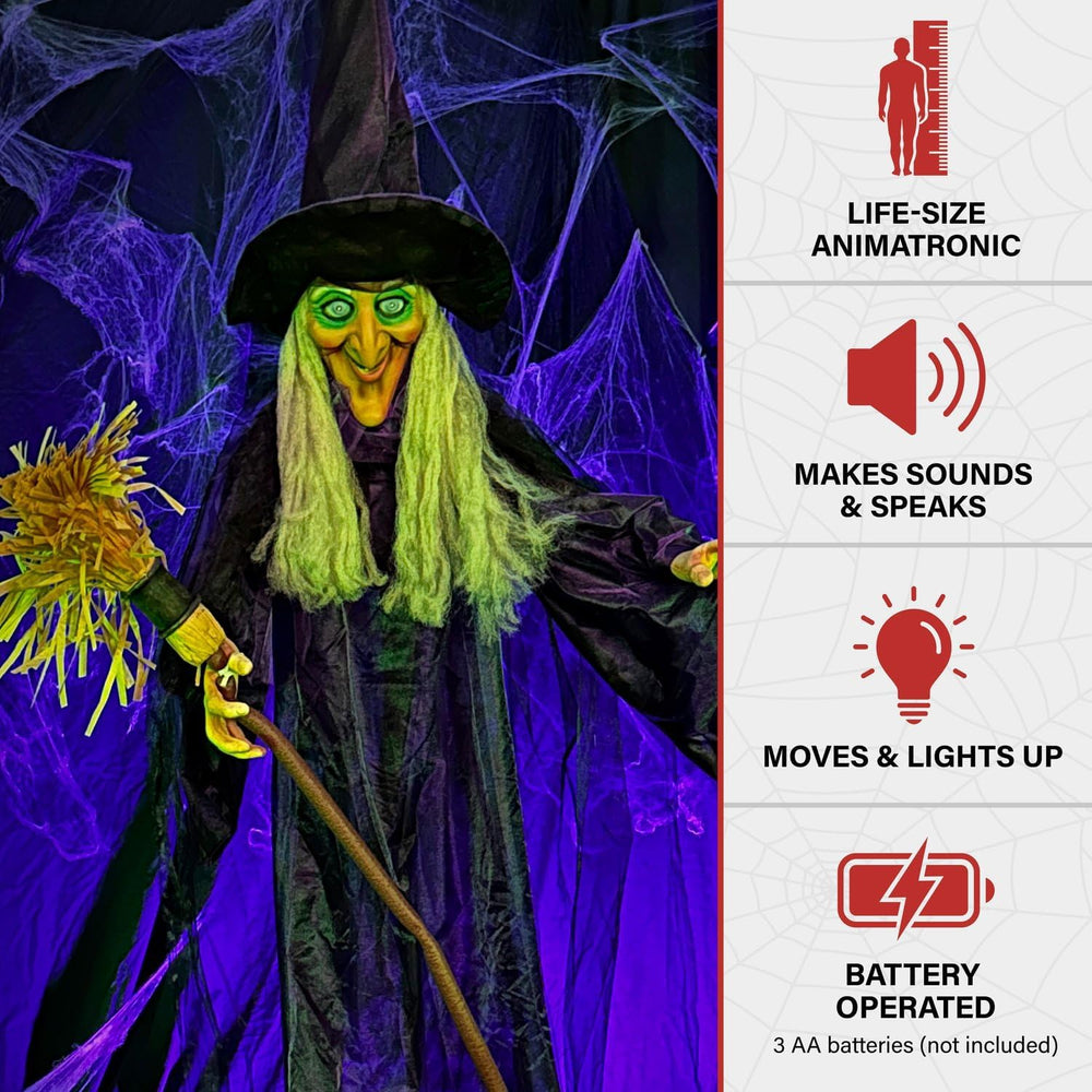 Haunted Hill Farm Life-Size Scary Talking Witch with Broomstick, Halloween An...