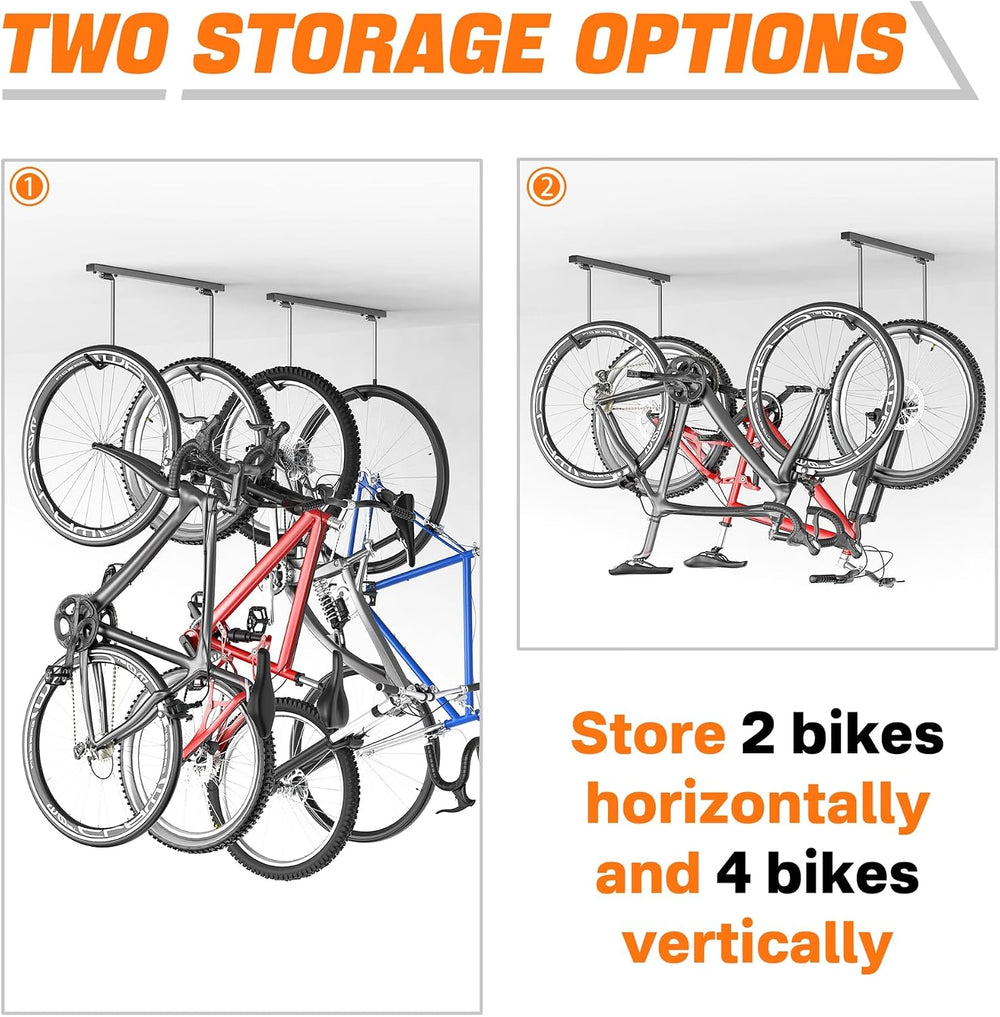 TORACK Overhead Bike Rack for Garage, Ceiling-Mounted Bicycle Storage Hooks