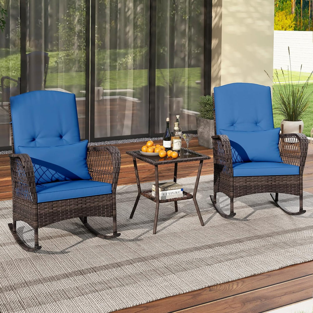 ORALNER 3 Pieces Patio Rocking Chair Set, Wicker Bistro Set (Navy)
