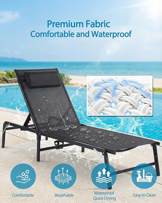 2 Pack Foldable Chaise Lounge Chair with Cup Holder, Assemble-Free Outdoor Lo...
