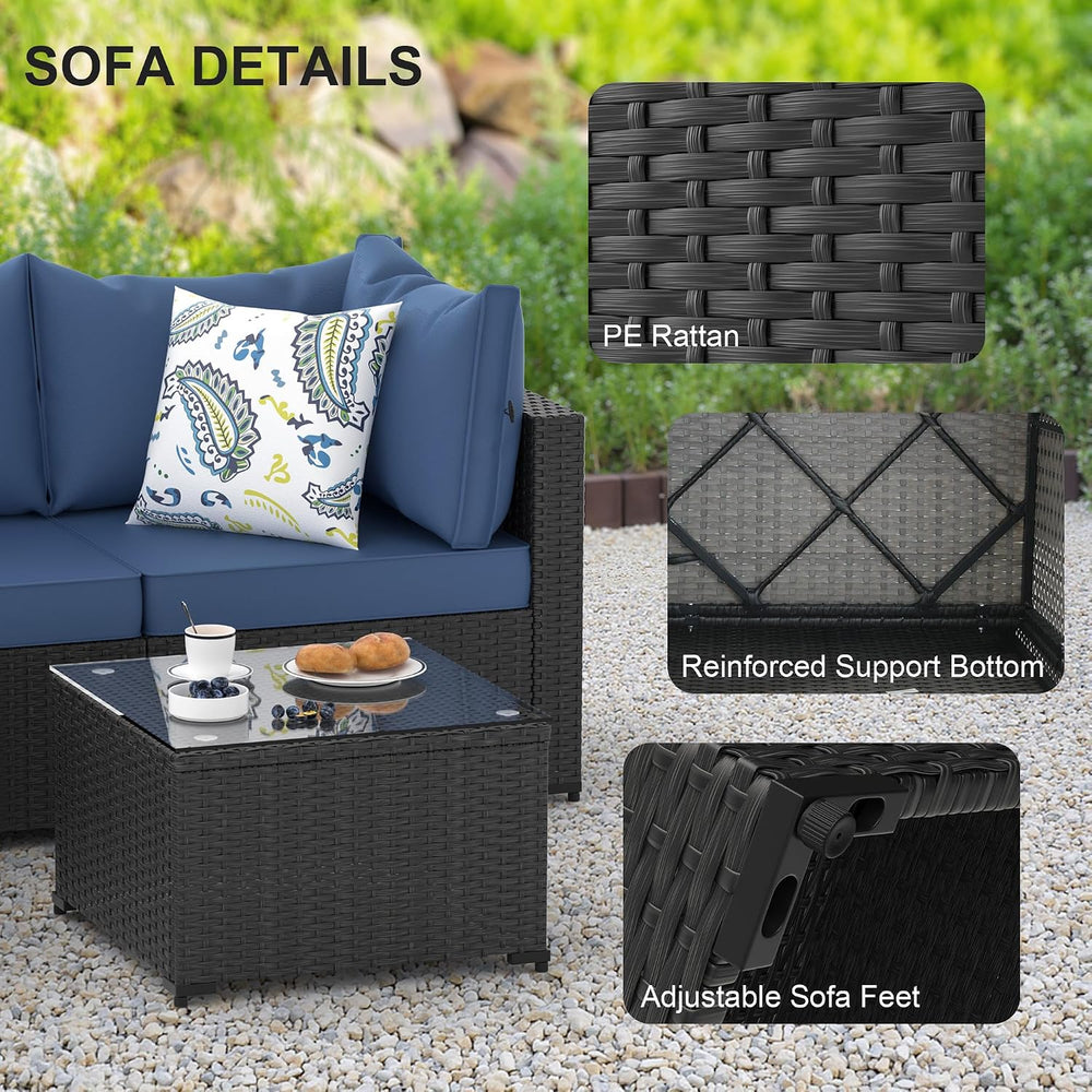 Patio Furniture Set, 5PCS Outdoor Sectional w/ Ottoman & Cushion, Navy Blue