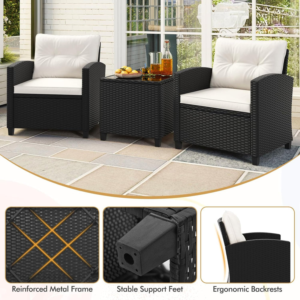 RELAX4LIFE 3-Piece Patio Furniture - Wicker Rattan Bistro Sofa Set w/Glass To...
