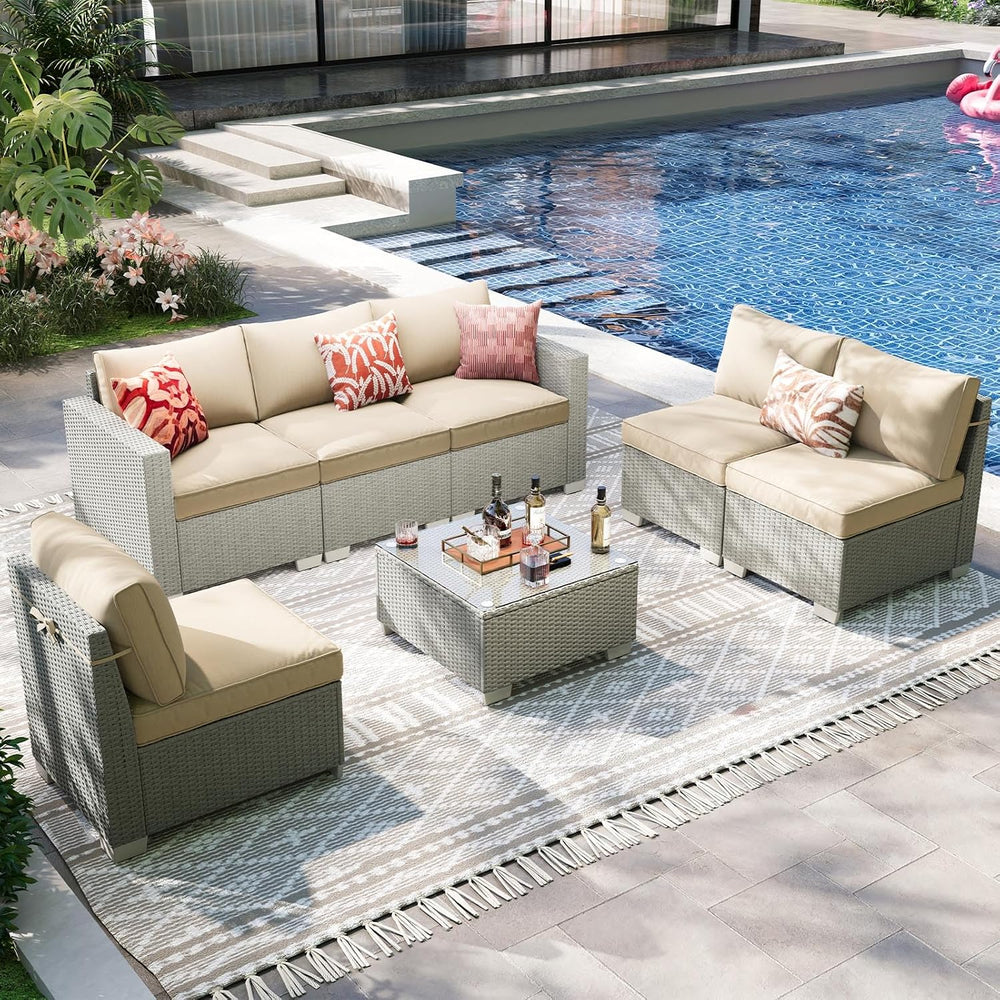 7-Piece Outdoor Patio Furniture Set, 6-Seat All-Weather PE Rattan Wicker Pati...