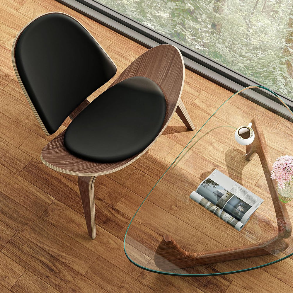 Mid Century Modern Shell Lounge Chair in Walnut & PU Leather