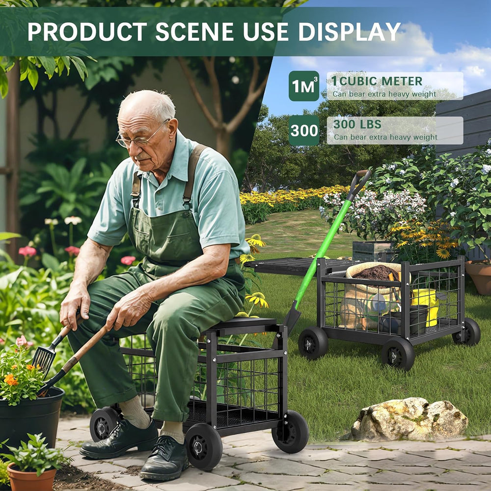 Garden Cart with Seat,3-in-1 Rolling Seat with Wheels for Gardening Seniors