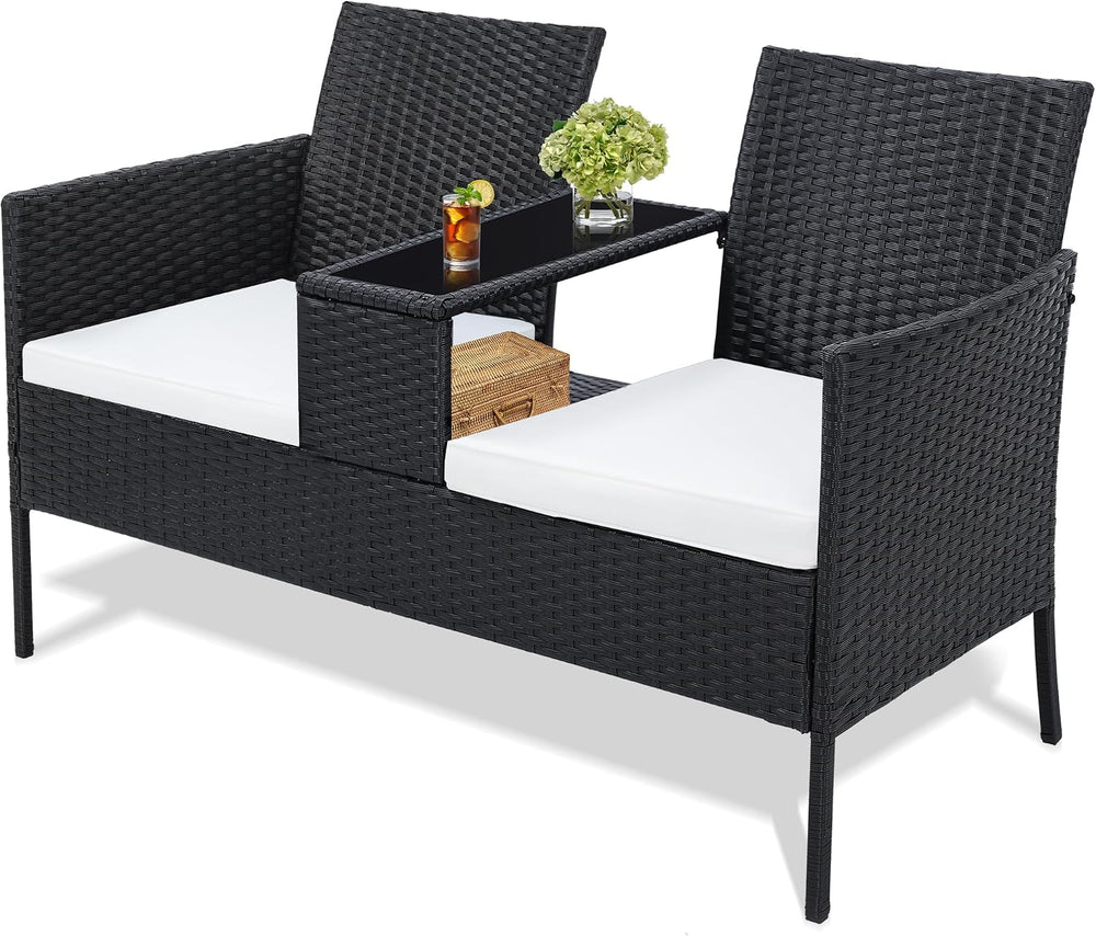 Kromax Wicker 2 Seat Patio Loveseat, Outdoor Rattan Loveseat with Table