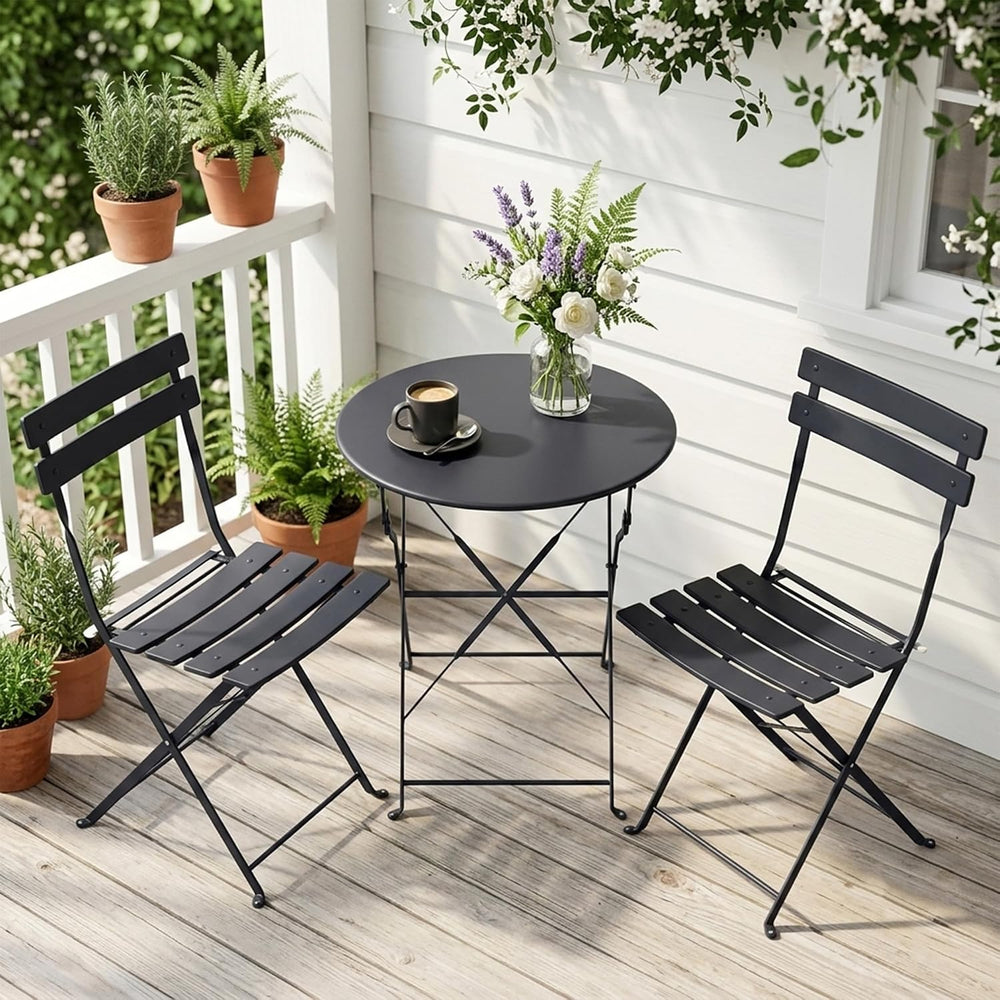 3 Piece Outdoor Bistro Set, Black Folding Table & Chairs for 2