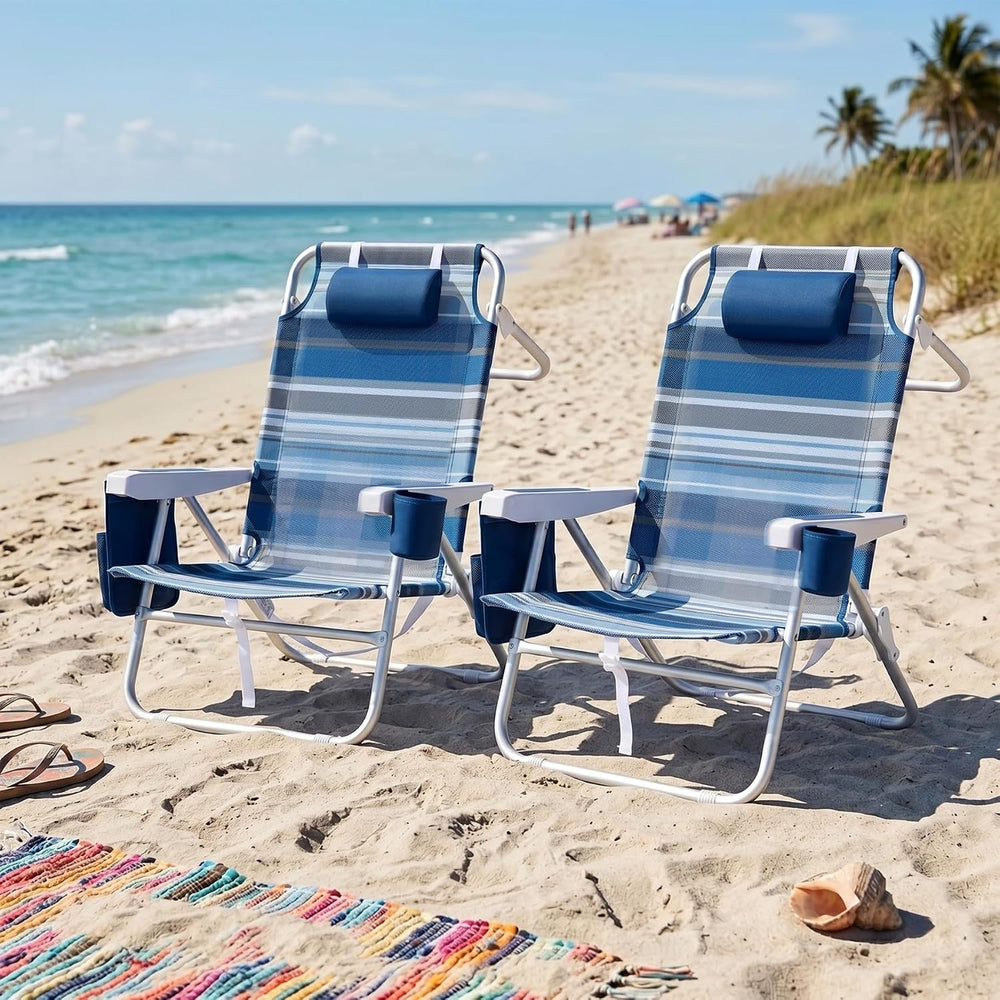 Beach Chair 2 Pack Aluminum 5 Positions Lay Flat Mesh Fabric Folding Beach Re...