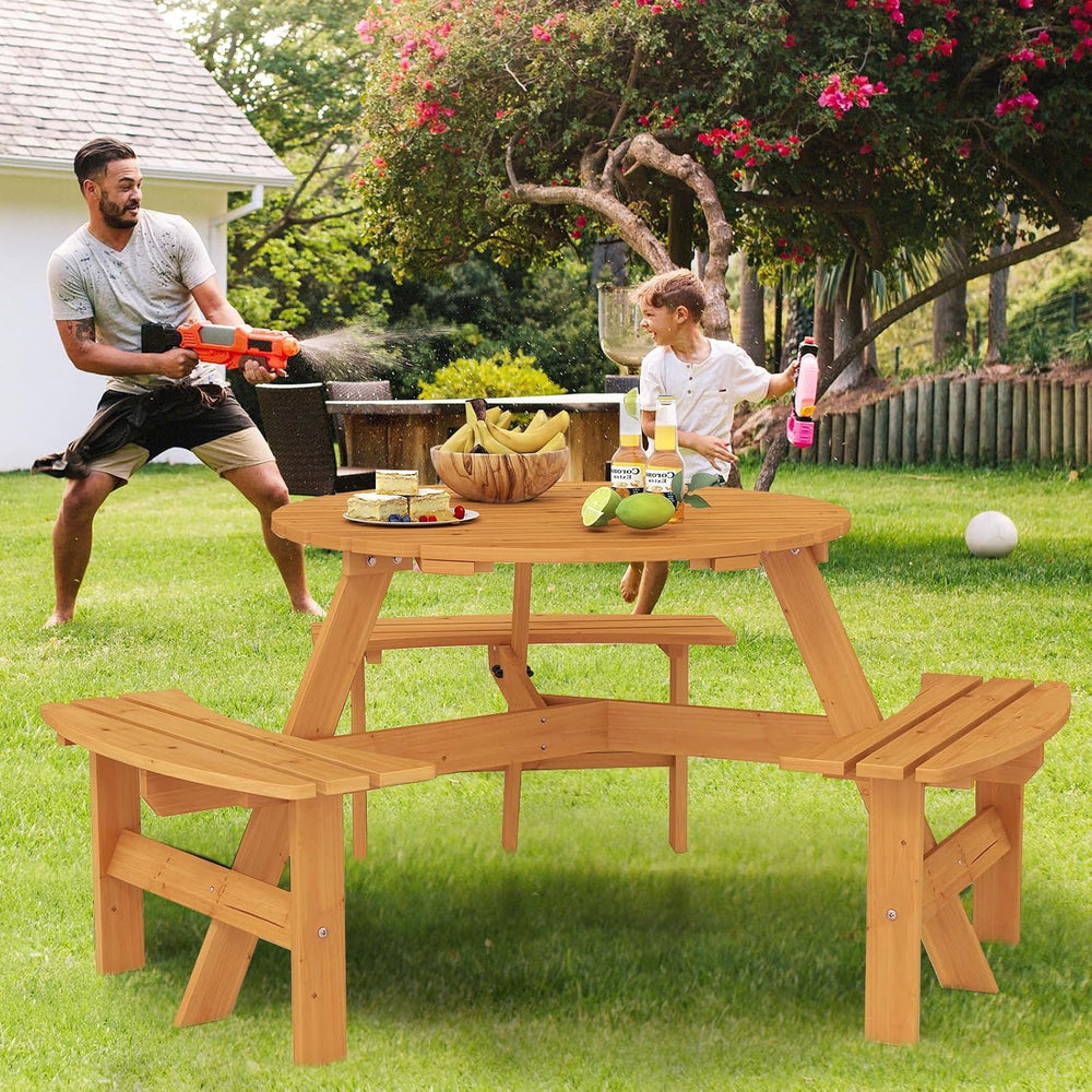 GIANTEX 6-Person Round Picnic Table Set with 3 Benches, 550 LBS Bench Capacit...
