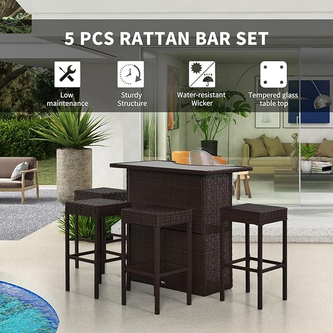 Outsunny 5 Pcs Rattan Wicker Bar Set, High Top Outdoor Table and Chairs, Bar ...