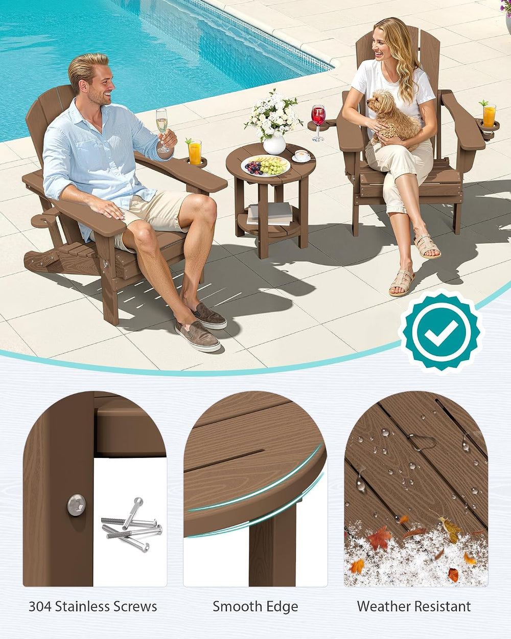 SERWALL Round Outdoor Side Table Set of 2, HDPE Small Adirondack Double End T...