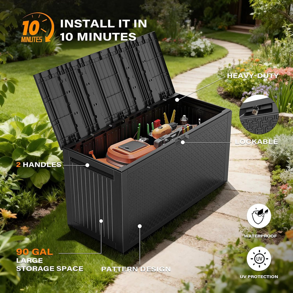 VINGLI 90 Gallon Lockable Durable Outdoor Storage Box, Black